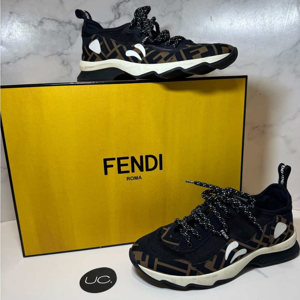 FENDI Freedom FF Patchwork Sneakers. Size 37.5. Black/Brown/White.